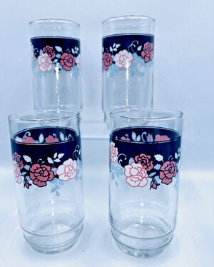 Set of 4 Vintage Corelle (Libby) SILK & ROSES Tumbler Drinking Glasses 5 7/8"